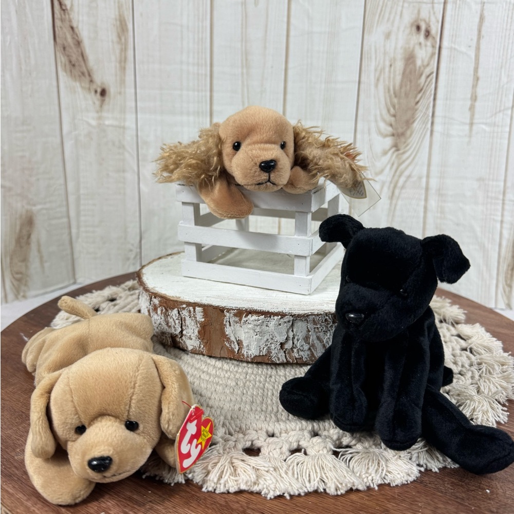 Ty Plush Puppy Set 3- Tan and Black Soft Beanies Fetch,Spunky and Luke